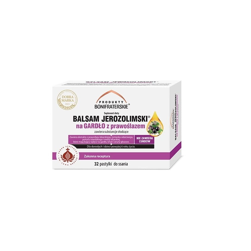 Balsam Jerozolimski na GARDŁO z prawoślazem (32 pastylki do ssania) Produkty Bonifraterskie